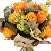 Buchet de Trandafiri, Portocalii, Portocaliu, Lisianthus, Verde, Cymbidium, Orhidee, Aspidistra 3