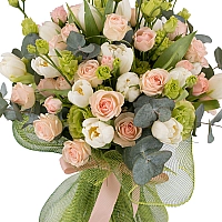 Buchet din 7, Minirosa, Roz, 20, Lalele, Albe, Lalea, 7, Lisianthus, Verde, Verdeață 3