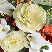 Buchet din Brasica, Euphorbia portocalie, Ornitogalum, Cale, Cală, Eucharis, Grandiflora, Verdeață 4