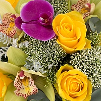Buchet din Trandafiri, Galbeni, Trahelium, Veronica, Mov, Cymbidium, Orhidee, Phalaenospsis, Verde 4