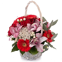Buchet din Trandafiri, Roșii, Gerbera, Floare de orez, Hypericum, Cymbidium, Orhidee, Verdeață, Coș 2