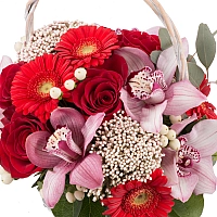 Buchet din Trandafiri, Roșii, Gerbera, Floare de orez, Hypericum, Cymbidium, Orhidee, Verdeață, Coș 3