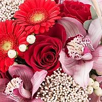 Buchet din Trandafiri, Roșii, Gerbera, Floare de orez, Hypericum, Cymbidium, Orhidee, Verdeață, Coș 4