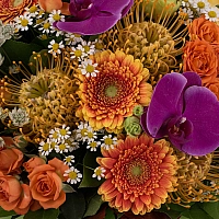 Buchet Leucospermum, Gerbera, Lisianthus, Phalaenopsis, Mușețel, Astrantia, Minirosa, Frunză Arțar 4