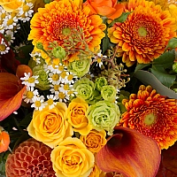 Buchet Minirosa, Gerbera, Minirosa, Cale, Cală, Lisianthus, Dalii, Dalie, Mușețel, Frunze de arțar 4
