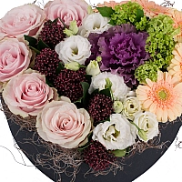 Trandafiri, Roz, Schimia, Lisianthus, Alb, Brasica, Mov, Viburnum, Gerbera, Crem, Cutie, Inimă 3