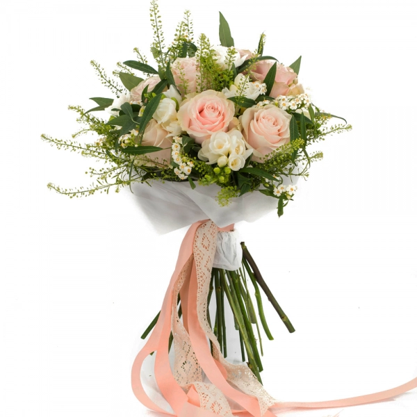 Buchet de 9, Trandafiri, Roz, 8, Frezii, Albe, Frezie, 6, Euphorbia, Albă, Verdeață