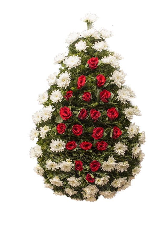 Coroana funerara din crizantema alba si trandafiri rosii in centru