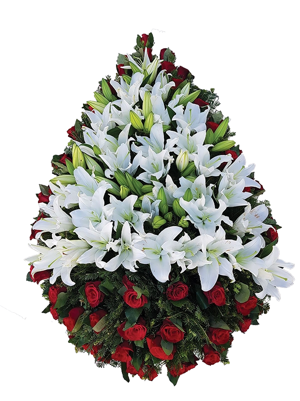 Coroana funerara clasica din trandafiri si crini