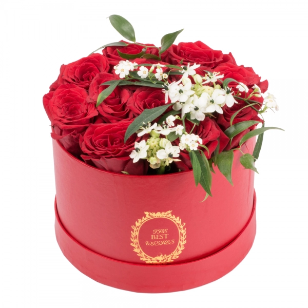 Aranjament de 13, Trandafiri, Roșii, Roșu, Roșie, 2, Ornitogalum, 1, Euphorbia, Albă, Cutie, Rotundă