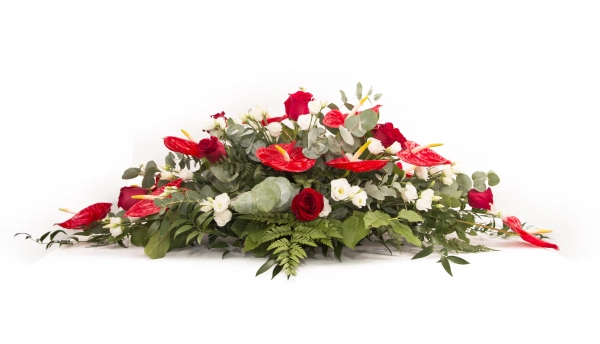 Aranjament floral funerar Trandafiri rosii , Trandafiri albi si Anthurium rosu