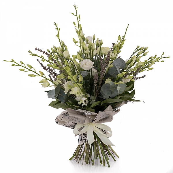Buchet de 10, Dendrobium, Alb, 5, Lisianthus, Alb, Lavanda, Verdeață