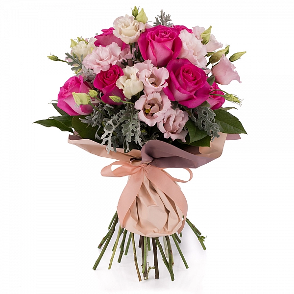Buchet de 11, Trandafiri, Ciclam, 7, Lisianthus, Roz, Senecio, Cineraria, Verdeață