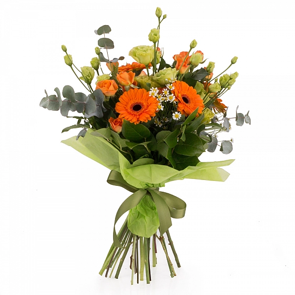 Buchet de 3, Lisianthus, Verde, 5, Gerbera, Portocalie, Portocaliu, 5, Minirosa, Portocalie, Musețel
