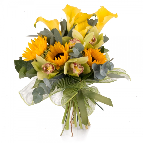 Buchet de 5, Cale, Galbene, Cală, 3, Floarea soarelui, 1 Cymbidium, Verde, Orhidee, Verdeață
