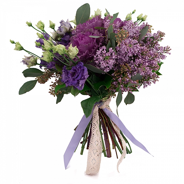 Buchet de 5, Liliac, Mov, 5, Lisianthus, Mov, 3, Brasica, Mov, Verdeață