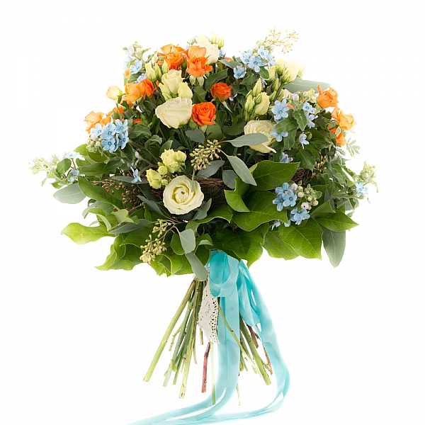 Buchet de 5, Minirose, Portocalii, Minirosa, Portocaliu, 7, Lisianthus, Crem, 8, Oxypetalum, Verde