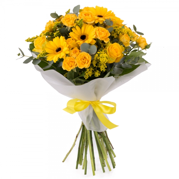 Buchet de 5, Trandafiri, Galbeni, 5, Minirosa, Galbenă, 5, Gerbera, Galbenă, 5, Solidago, Verdeață