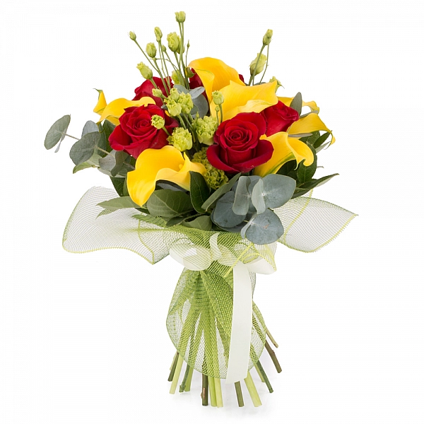 Buchet de 5, Trandafiri, Roșii, Roșu, 9, Cale, Galbene, 3, Lisianthus, Verde, Verzi, Verdeață