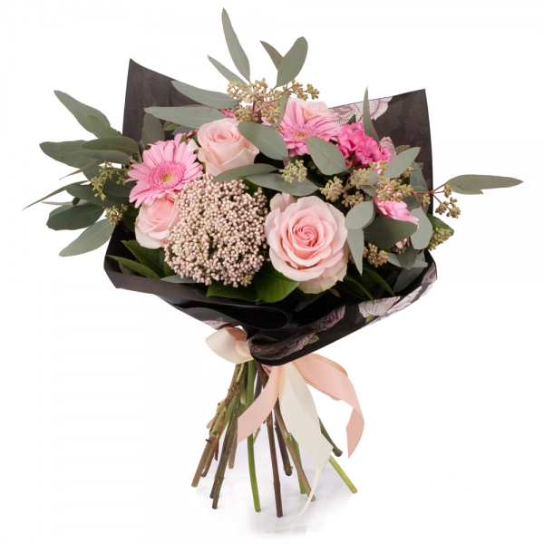 Buchet de 5, Trandafiri, Roz, 3, Bouvardia, 5, Gerbera, 2, Floare de orez, Verdeață