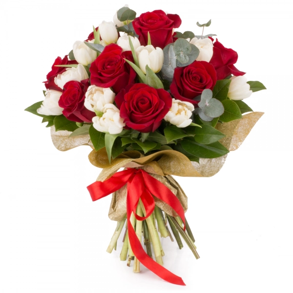 Buchet de 9, Trandafiri, Roșii, Roșu, 20, Lalele, Albe, Lalea, Verdeață