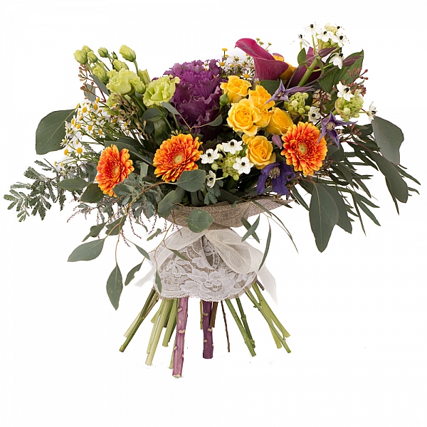 Buchet de Brasica, Cale, Ornitogalum, Minirose, Minirosa, Gerbera, Lisianthus, Clematis, Mușețel