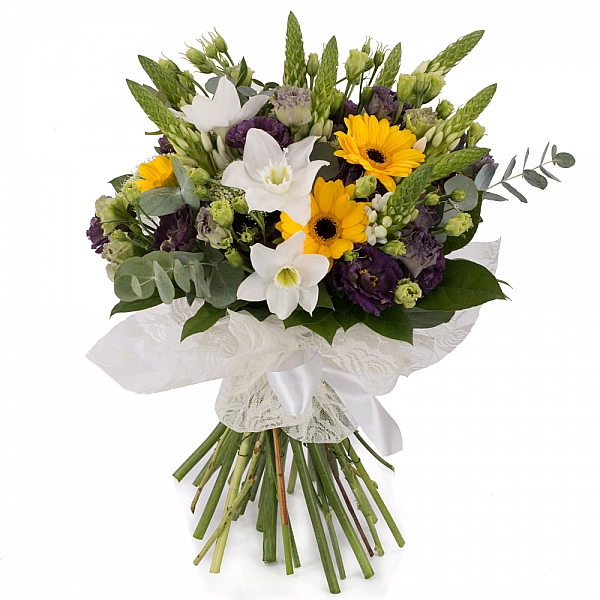 Buchet de Ornitogalum, Lisanthus, Mov, Trahelium, Gerbera, Galbenă, Eucharis, Grandiflora, Verdeață