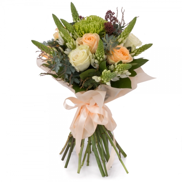 Buchet de Trandafiri, Peach, Ornitogalum, Alb, Schimia, Crizanteme, Green spider, Verdeață
