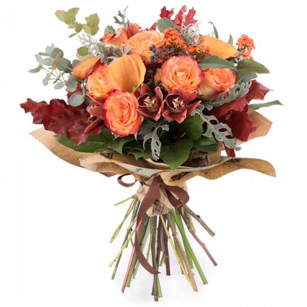 Buchet de Trandafiri, Portocalii, Cale, Cymbidium, Orhidee, Euphorbia, Viburnum, Blue, Muffin, Verde