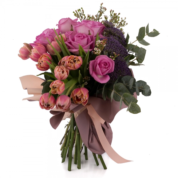 Buchet din Trandafiri, Ciclam, Lalele, Roz, Lalea, Trahelium, Mov, Waxflower, Alb, Verdeață