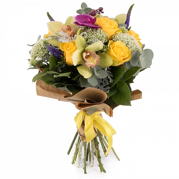 Buchet din Trandafiri, Galbeni, Trahelium, Veronica, Mov, Cymbidium, Orhidee, Phalaenospsis, Verde