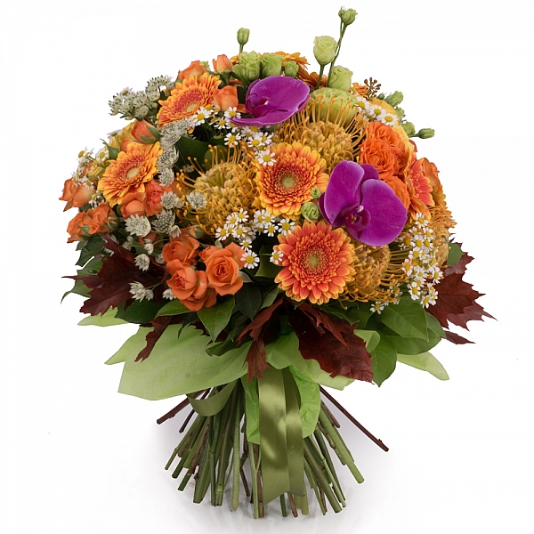 Buchet Leucospermum, Gerbera, Lisianthus, Phalaenopsis, Mușețel, Astrantia, Minirosa, Frunză Arțar