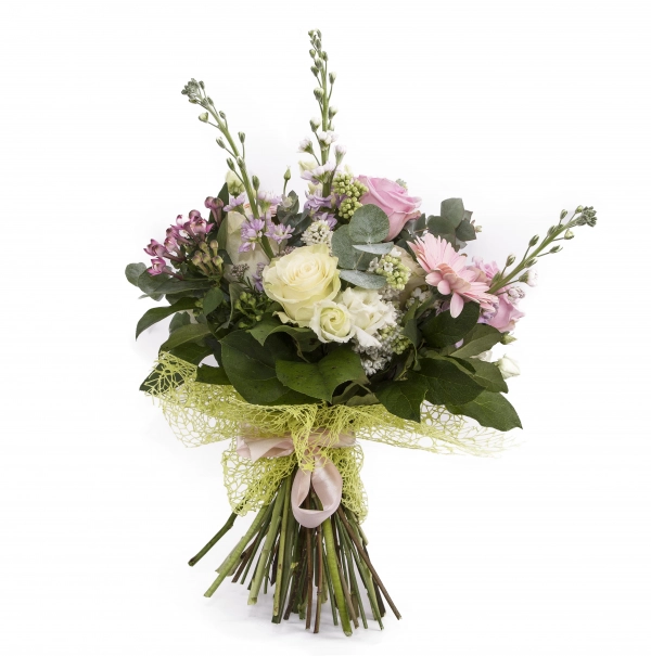 Buchet trandafiri alb , ciclam si gerebera